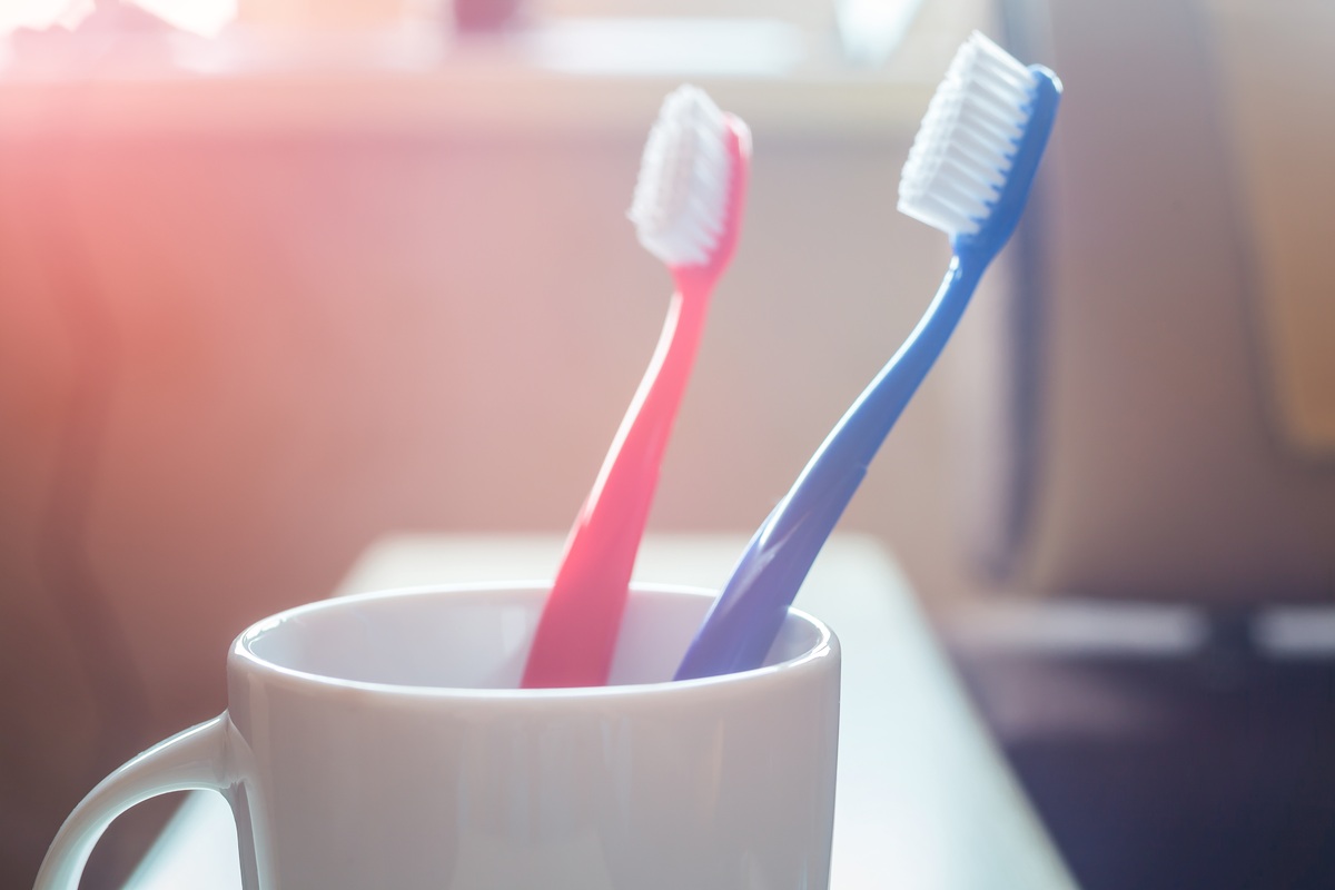 Two toothbrushes inside a white ceramic cup